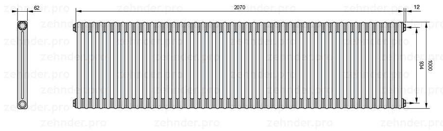 Схема (чертеж) Радиатор Zehnder Charleston 2100/45 №7610 Белый глянцевый RAL 9016